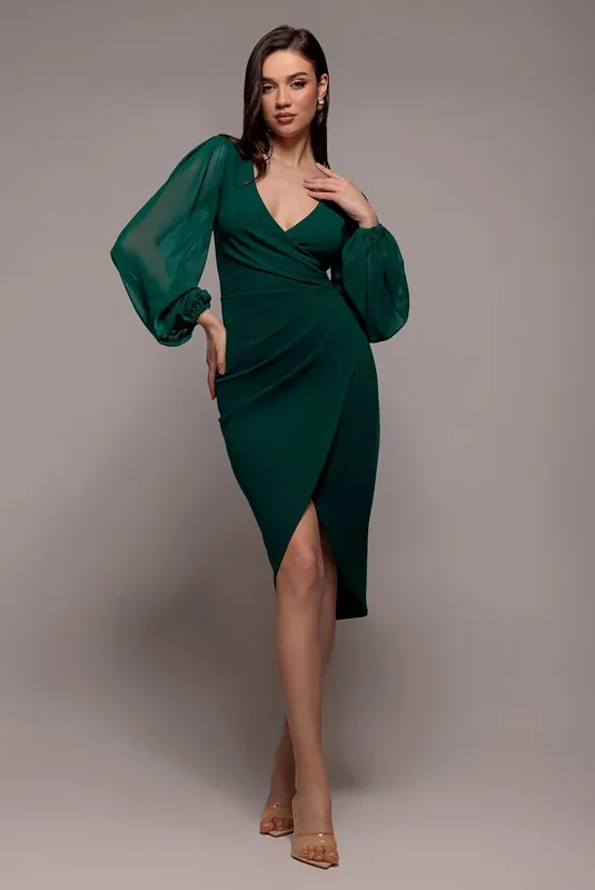 Scuba & Chiffon Balloon Sleeve Wrap Midi Dress - Goddiva