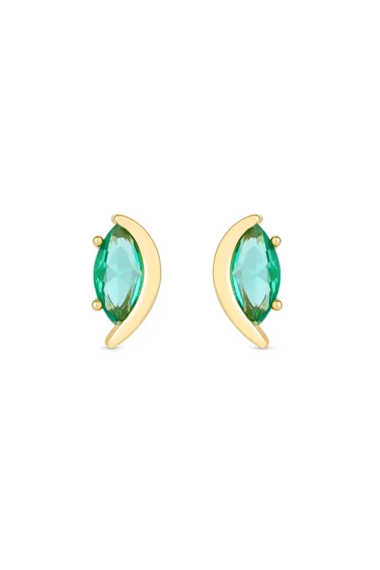 Gold Plated Cubic Zirconia Teal Navette Polished Stud Earrings - Jon Richard
