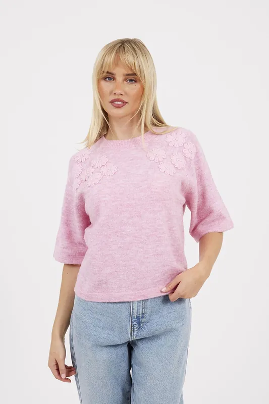 Short Sleeve Jumper With Floral Embroidery - Brave Soul