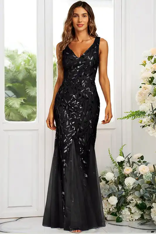 Sequin Leaf Detailed V Neck Bridesmaid Maxi Dress In Black - FS Collection