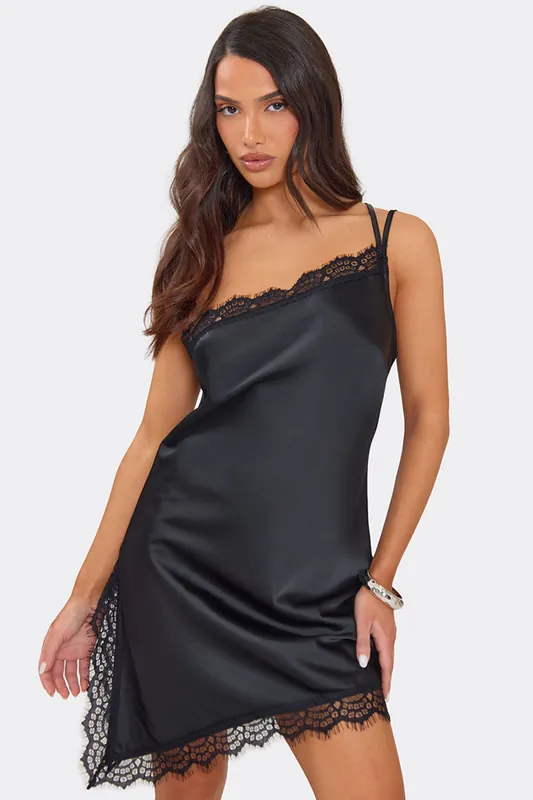 Strappy Lace Trim Satin Mini Dress - EGO