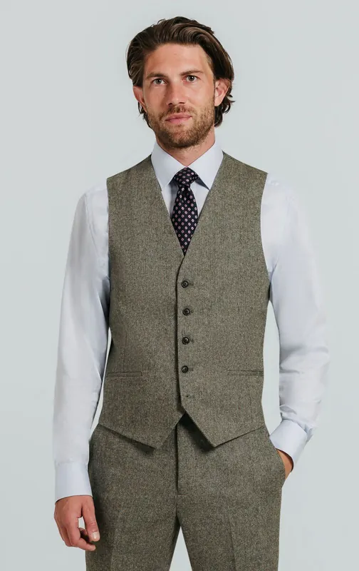 Sage Green Herringbone Tweed Waistcoat - Dobell
