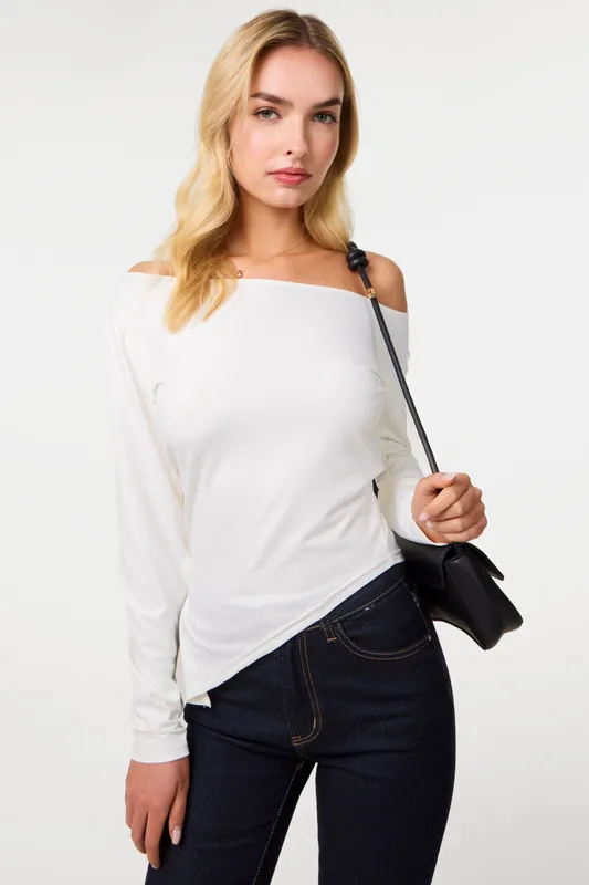 Ivory Off Shoulder Asymmetric Hem Top - Pink Vanilla