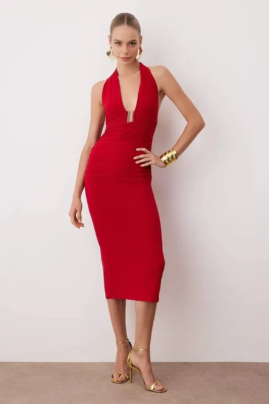 Plunge Halterneck Ruched Midi Dress with Metal Detail - WOVCOR