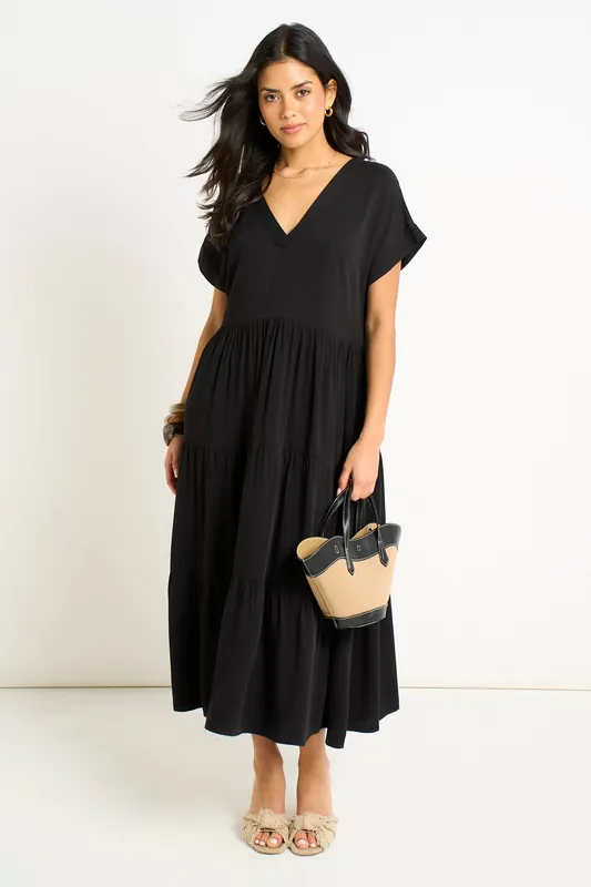 Black V Neck Pocket Smock Midi Dress - Gini London