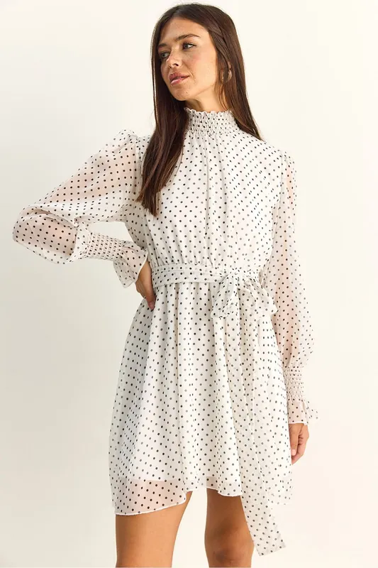 Polka Dot Half Turtleneck Mini Dress with Belt - Bianco Lucci
