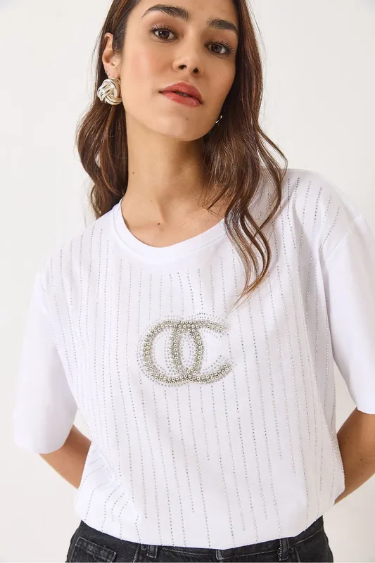 Embroidered Striped Crew Neck T-Shirt
