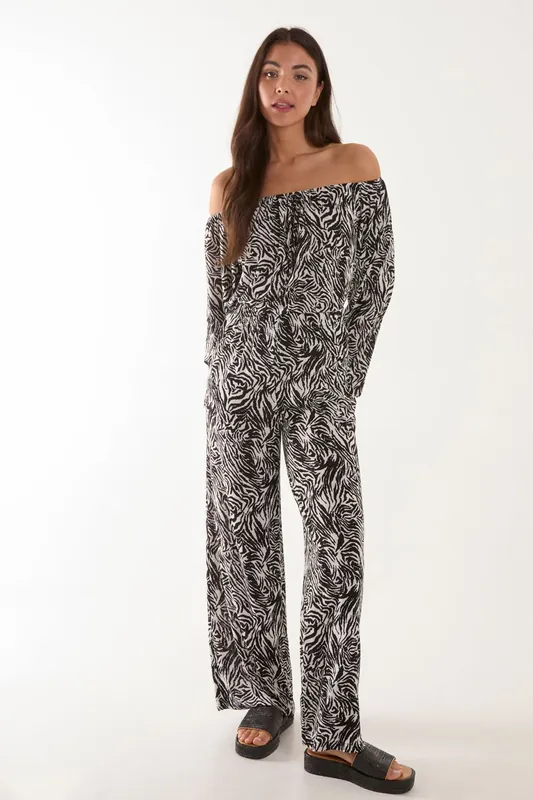 Off The Shoulder Top And Wide Leg Trouser Set - Blue Vanilla