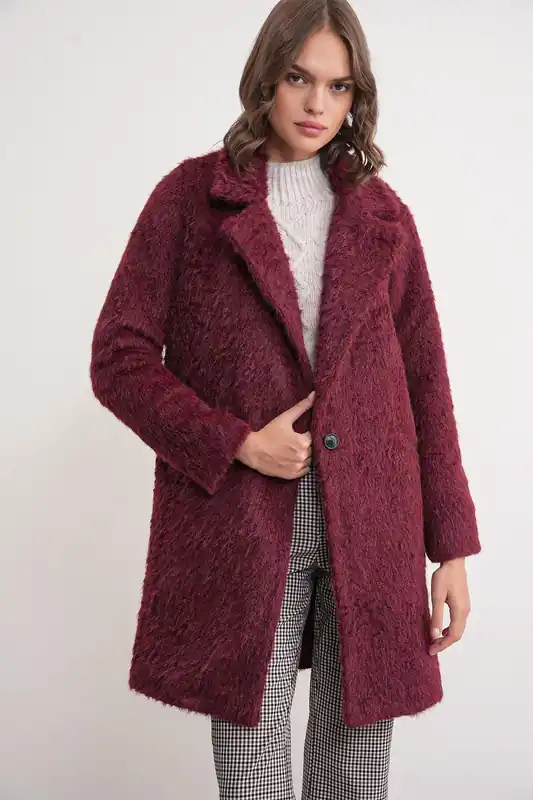 Textured Long Coat with Jacket Collar - MixRay