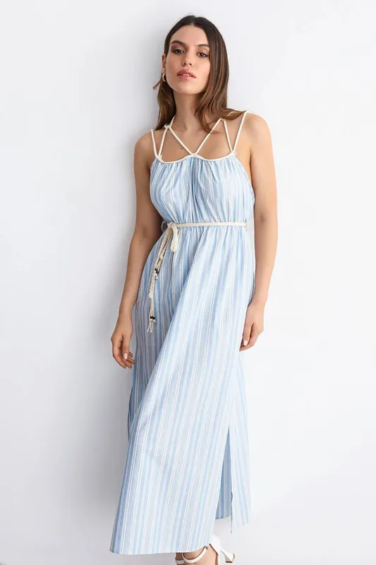 Striped Tie-Front Spaghetti Strap Maxi Dress