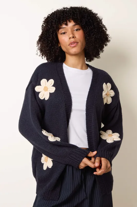 Navy Daisy Large Flower Cardigan - Blue Vanilla