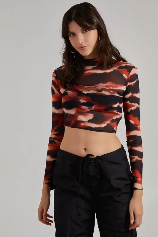 Smudge Print Mesh Long Sleeve Top - Pink Vanilla