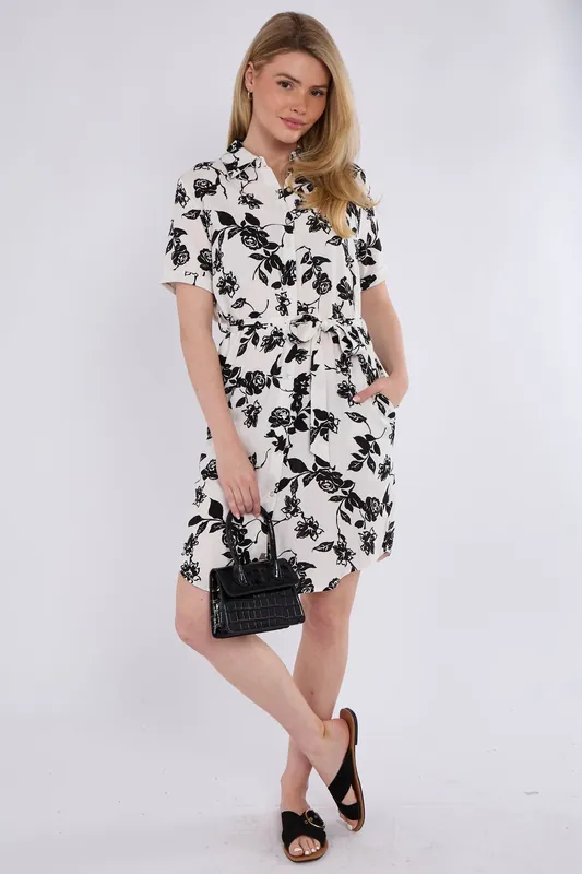 Black Floral Print Short Sleeve Mini Shirt Dress - Love Sunshine