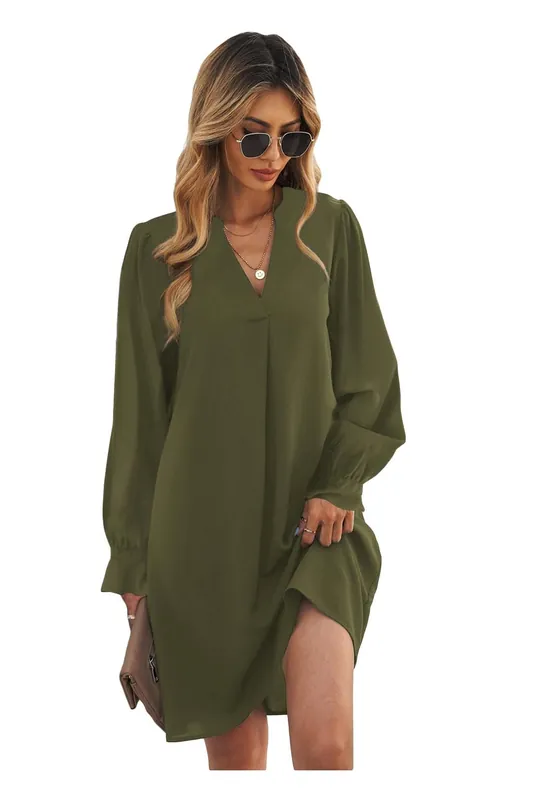Green Split V Neck Ruffled Sleeves Shirt Dress Mini - Azura Exchange