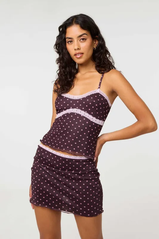 Brown Polka Dot Lace Trim Cami - Pink Vanilla