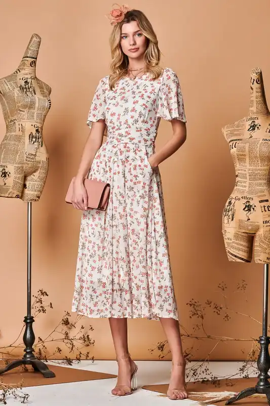 Angel Sleeve Metallic Chiffon Midi Dress - Jolie Moi