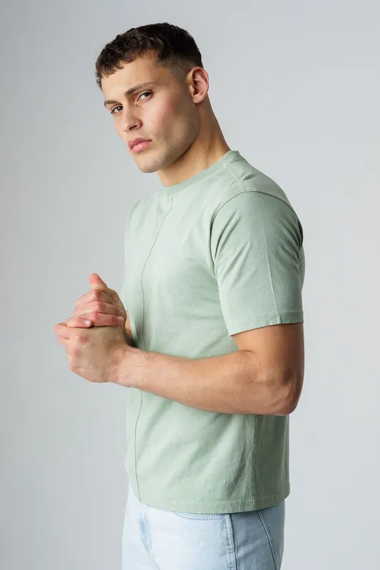 Cotton Crew Neck Acid Wash Seam Short Sleeve T-Shirt