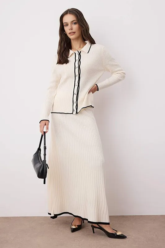 2-Piece Ribbed Knit Button-Front Top and Maxi Skirt Set