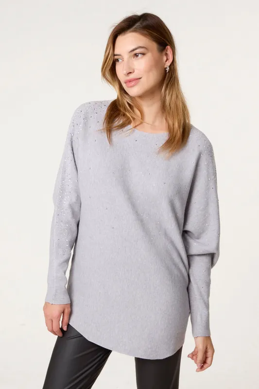 Grey Long Sleeve Diamante Detailed Batwing Jumper - Blue Vanilla
