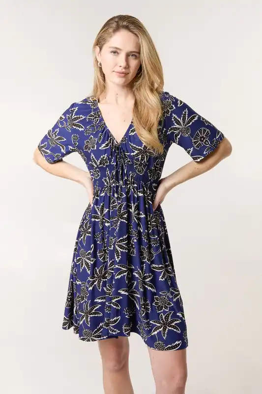Navy Shirred Waist Beaded V Neck Mini Dress - Blue Vanilla