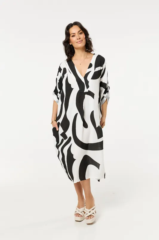 Abstract Print V Neck Midi Smock Dress - Liquorish