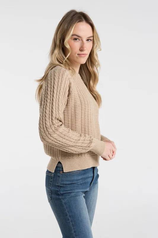 Cotton Popcorn-Style Cable Knit Crew Neck Jumper