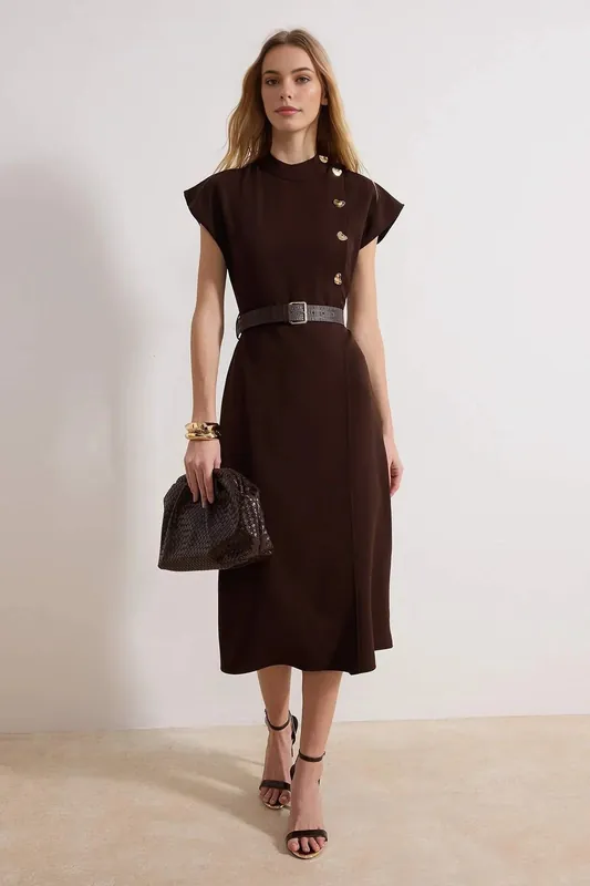 Button Detail Belted High Neck Midi Dress - WOVCOR