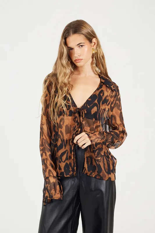 Leopard Print Tie Front Blouse - Brave Soul