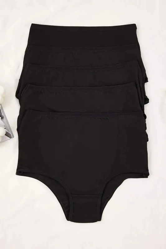 5 Pack Plain High Waist Cotton Rich Black Briefs - WOVCOR