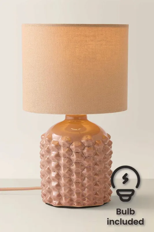 Asha Ceramic Pink Geometric Table Lamp with Drum Lamp Shade and LED Bulb - ValueLights
