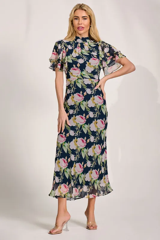 High Neck Angel Sleeve Chiffon Maxi Dress - Jolie Moi