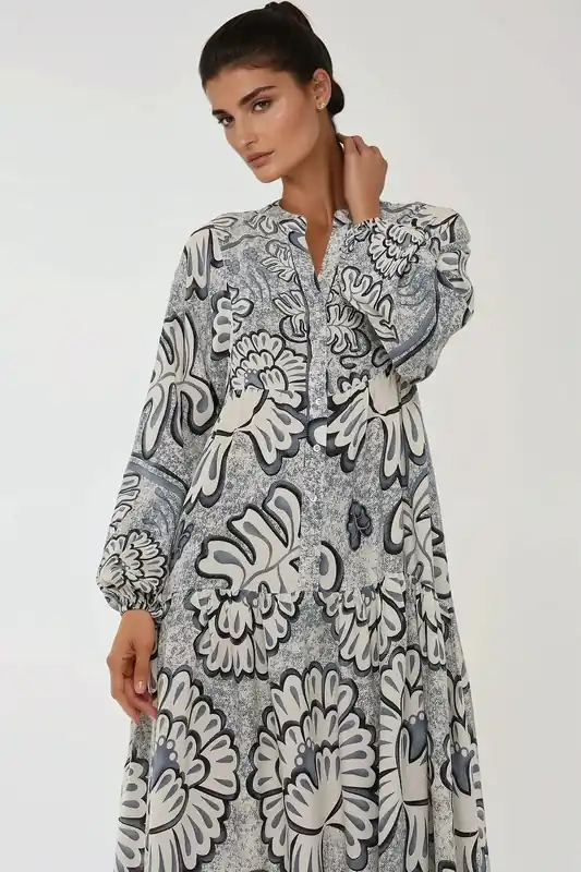 Printed Long Sleeve Viscose Maxi Dress - Hiccup