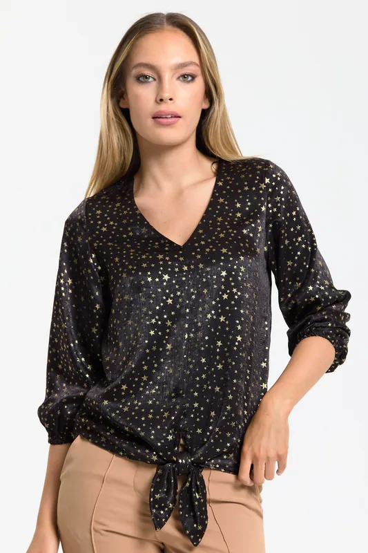 Black Gold Star Print Tie Front Top - Liquorish