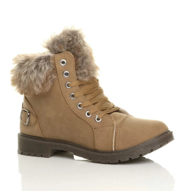 Low Heel Faux Fur Lace Up Military Biker Ankle Boots - AJVANI