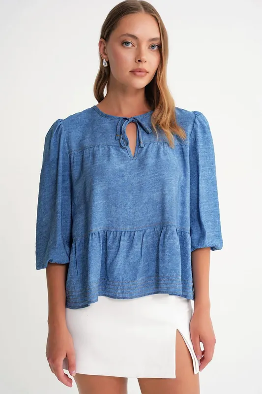 Denim Looking Ruffled Balloon Sleeve Blouse - MixRay