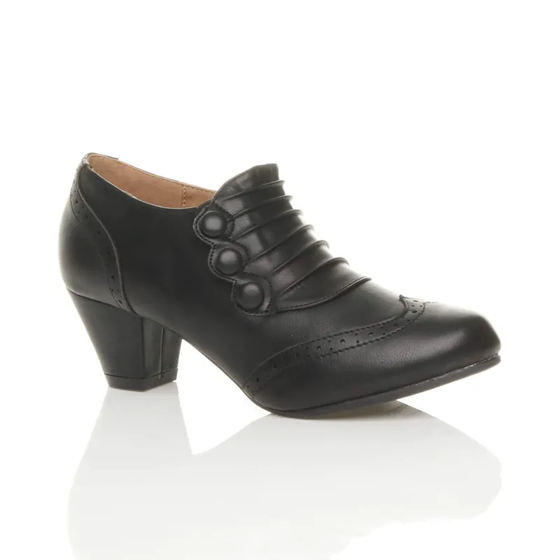 Mid Heel Brogue Button Ankle Boots Shoe Boots - AJVANI