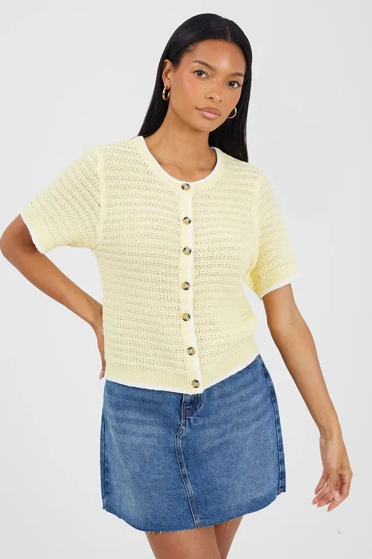 Stitch Detail Short Sleeve Crew Neck Cardigan - Brave Soul