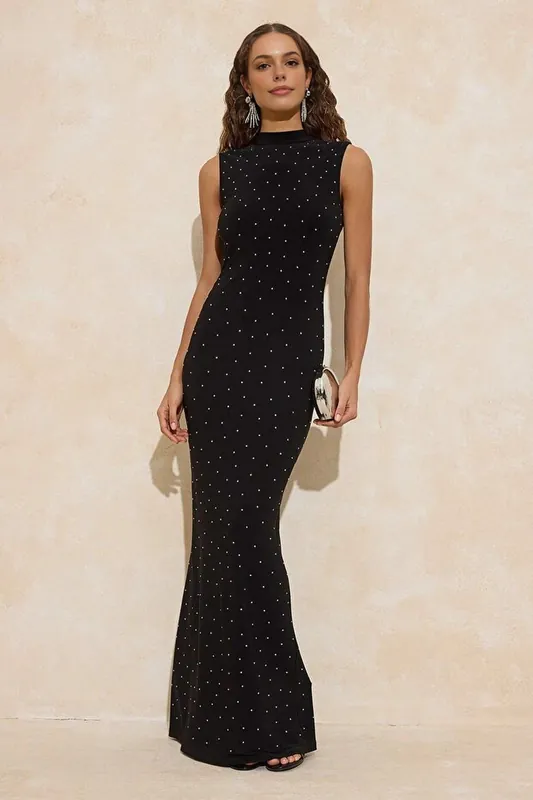 Embellished Knitted Lined Maxi Evening Dress - WOVCOR