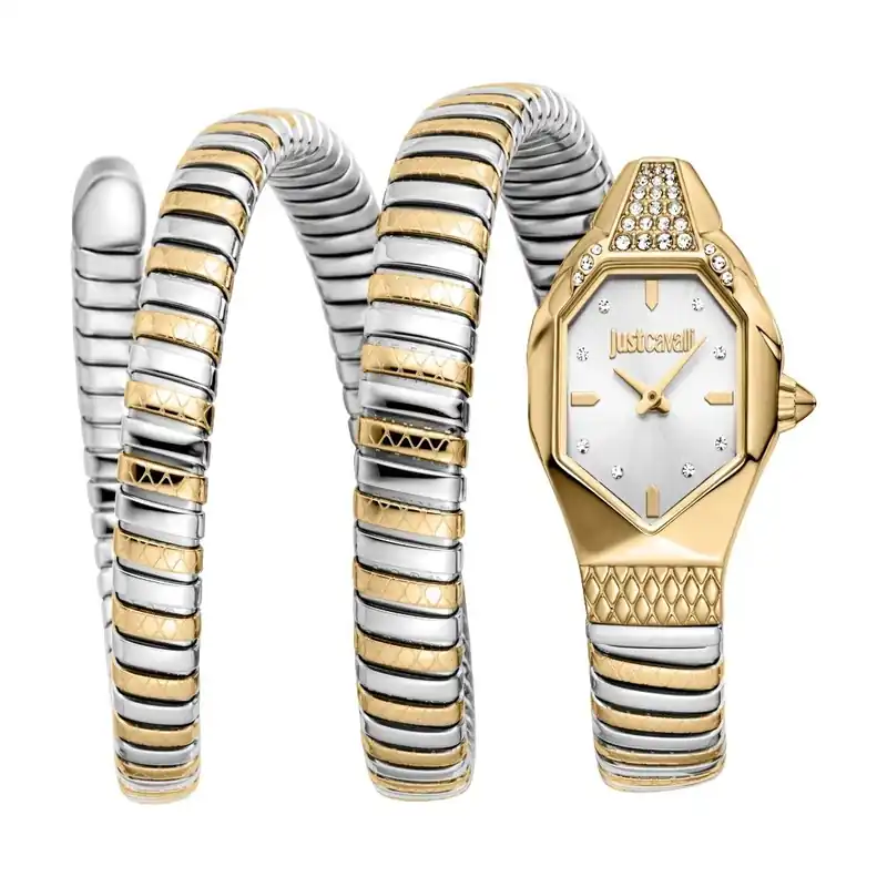 Women's Snake Watch Gold Case Silver Dial Two Tone Silver SS Bracelet - Just Cavalli