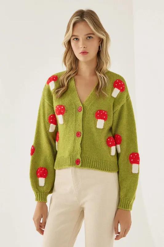 Mushroom Patterned V-Neck Cardigan