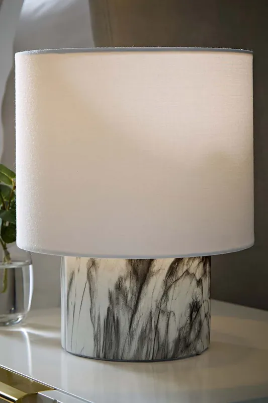 Melanie White Marble Effect Table Lamp with White Linen Lamp Shade - ValueLights