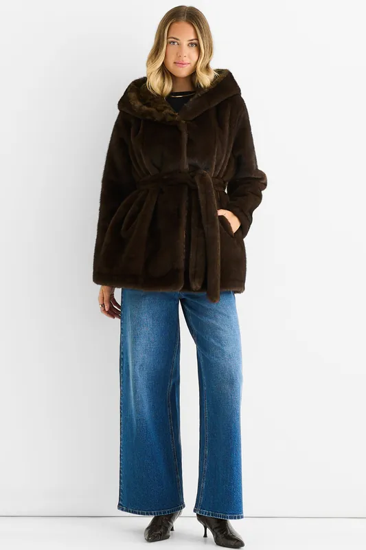 Chocolate Premium Contrast Lapel Hood Animal Faux Fur Jacket - Gini London