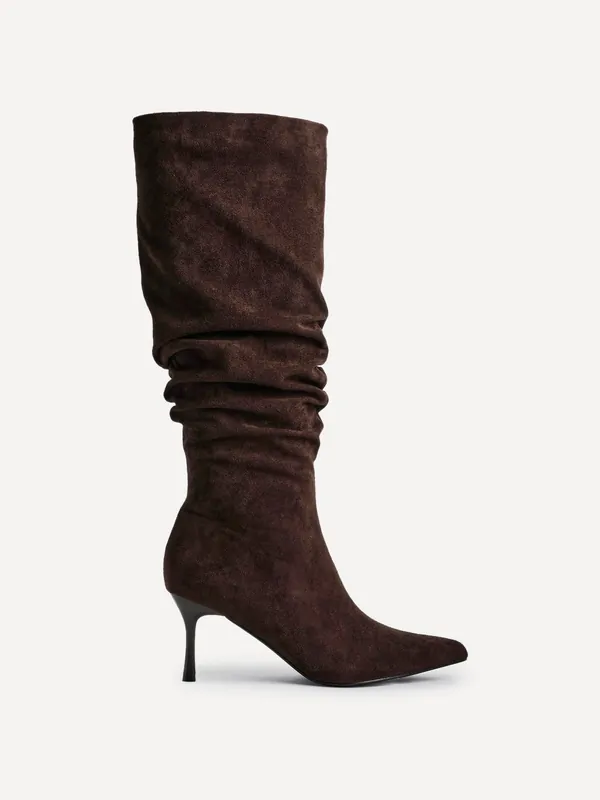 Rosenna Brown Faux Suede Ruched High Leg Heeled Boot - Linzi