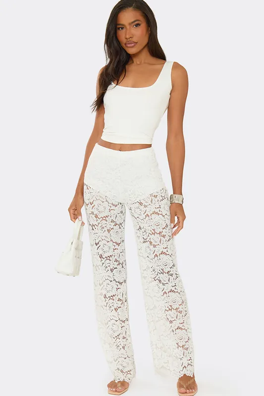 Wide Leg Lace Mid Rise Leggings - EGO