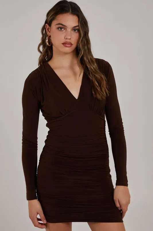 V Neck Slinky Long Sleeve Dress - Pink Vanilla