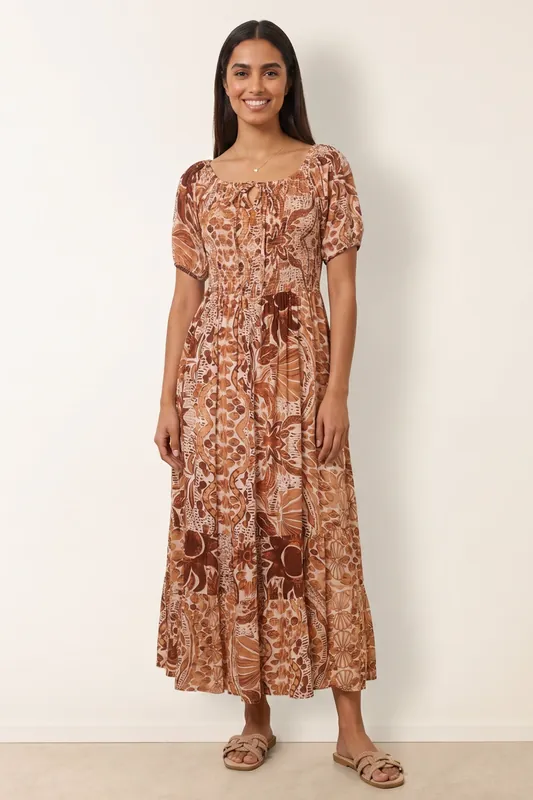 Brown Tie Front Shirred Midi Dress - Blue Vanilla