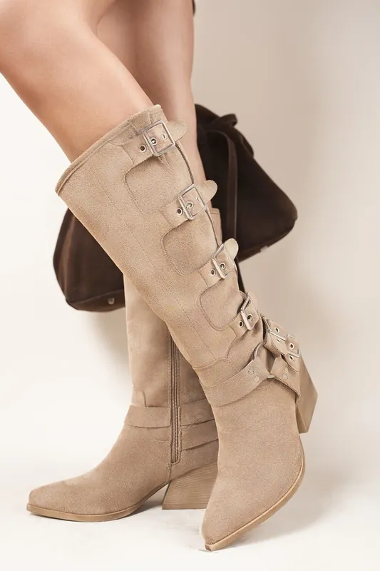 Ornella Block Heel Knee High Boots With Buckle Strap Detail - IKRUSH