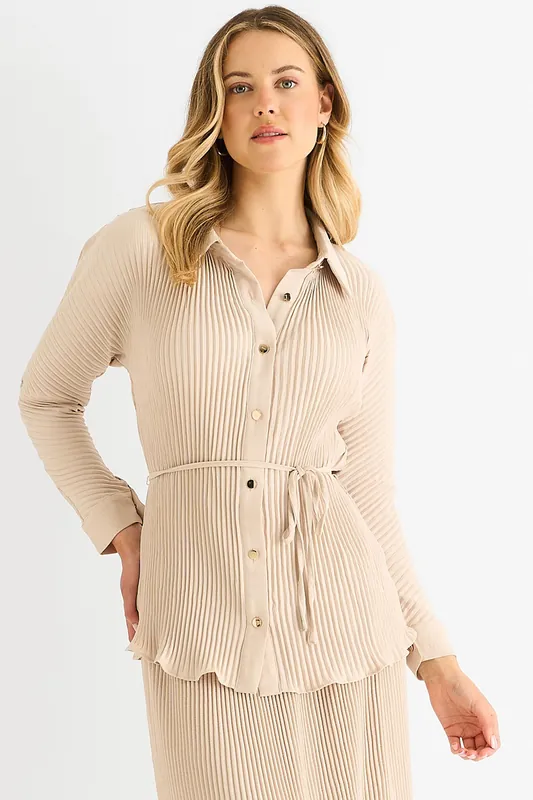 Beige Plisse Button Through Shirt - Gini London