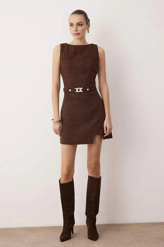 Belted Textured Mini Dress with Asymmetric Hem Detail - WOVCOR