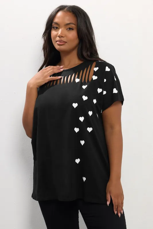 Heart Print Slash Detail Top - Yours